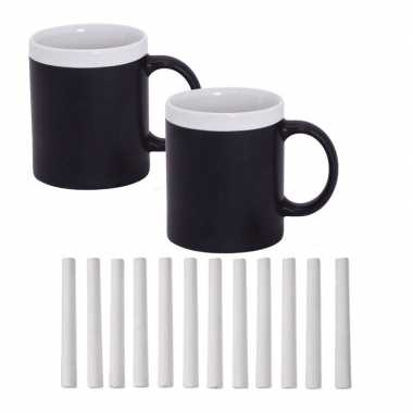 2x krijt koffie/thee mokken wit met pakje krijt