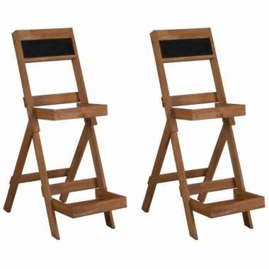 Set van 2x stuks bloempotstandaarden 2 lagen hout met krijtbord 26 x 42 x 72.5 cm